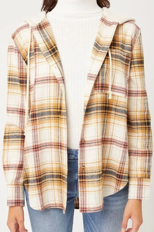 LOVE TREE Plaid Flannel Button Up Shacket with Hood