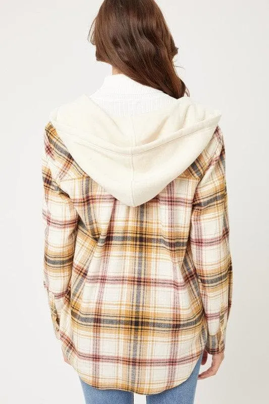 LOVE TREE Plaid Flannel Button Up Shacket with Hood