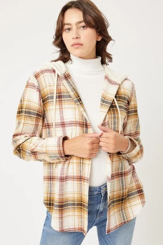 LOVE TREE Plaid Flannel Button Up Shacket with Hood