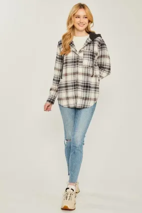 LOVE TREE Plaid Flannel Button Up Shacket with Hood