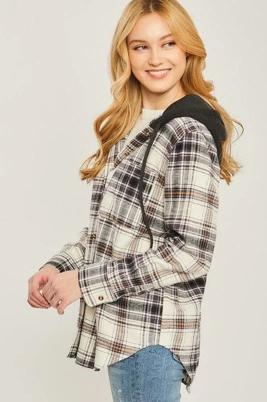 LOVE TREE Plaid Flannel Button Up Shacket with Hood