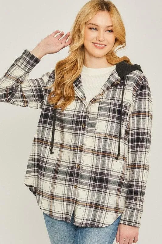 LOVE TREE Plaid Flannel Button Up Shacket with Hood