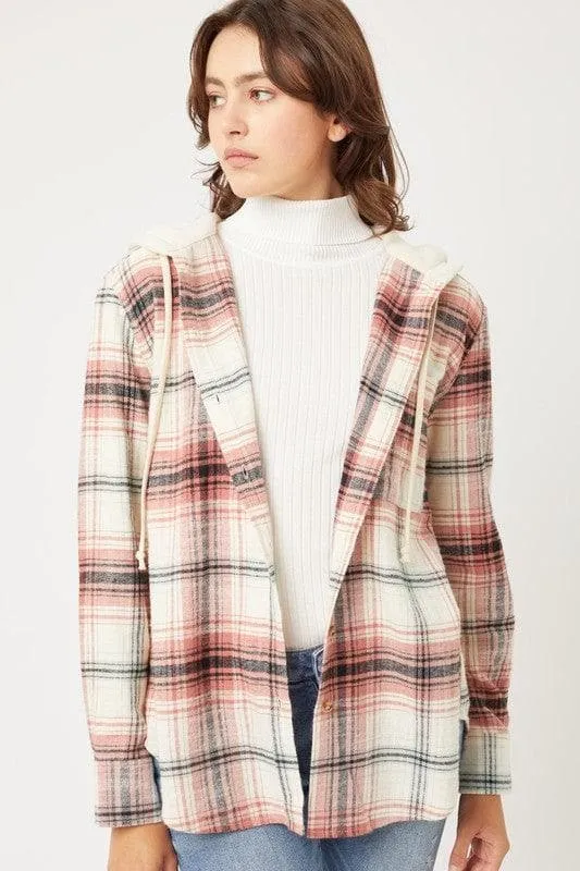 LOVE TREE Plaid Flannel Button Up Shacket with Hood