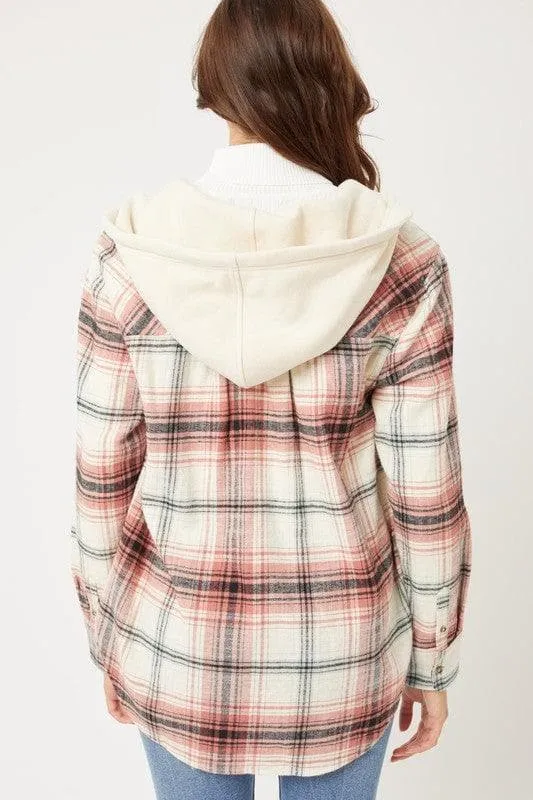 LOVE TREE Plaid Flannel Button Up Shacket with Hood