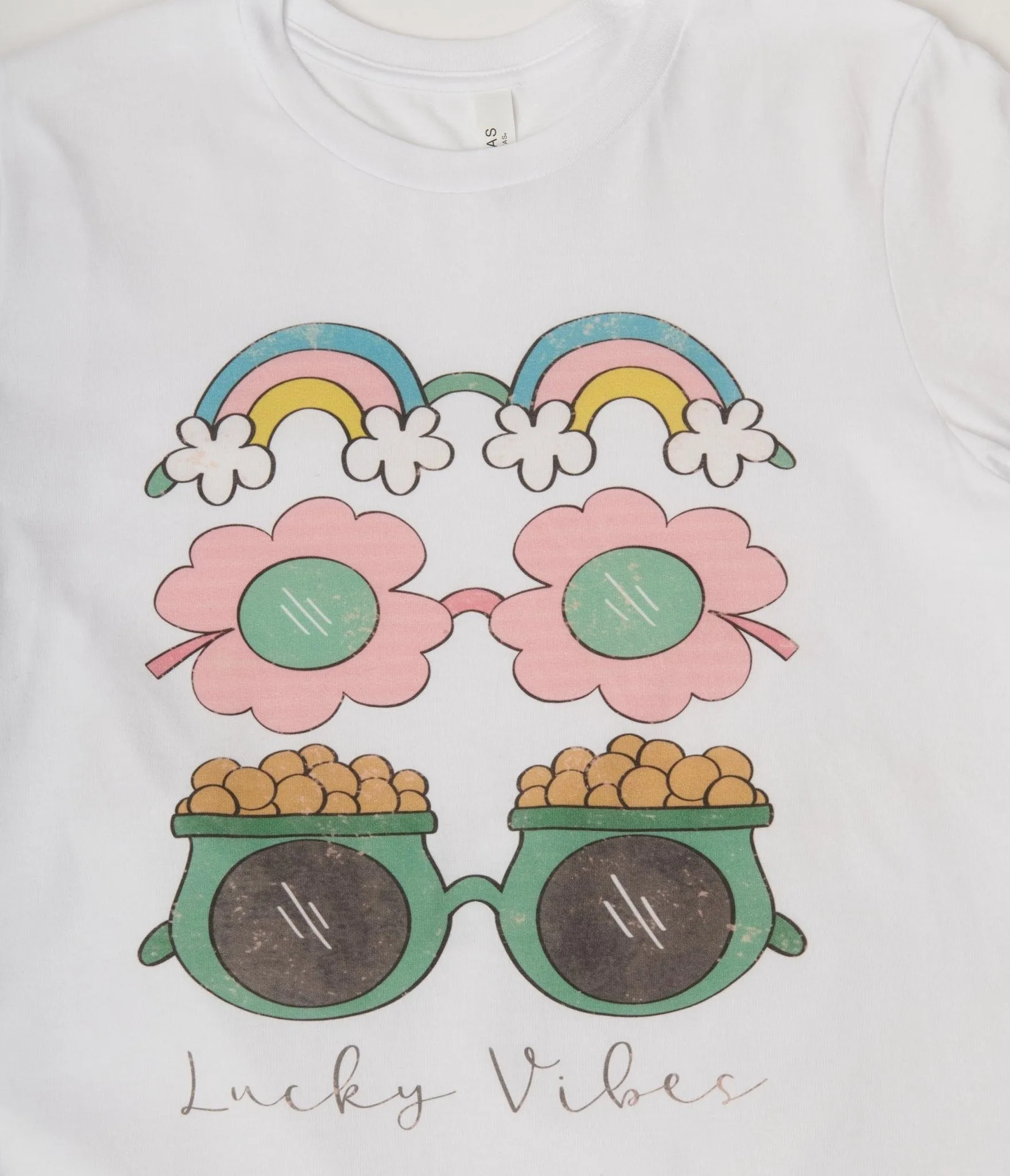 Green Lucky Vibes Graphic Tee with Sunglasses Print for Women