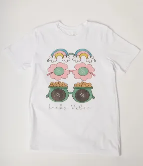 Green Lucky Vibes Graphic Tee with Sunglasses Print for Women