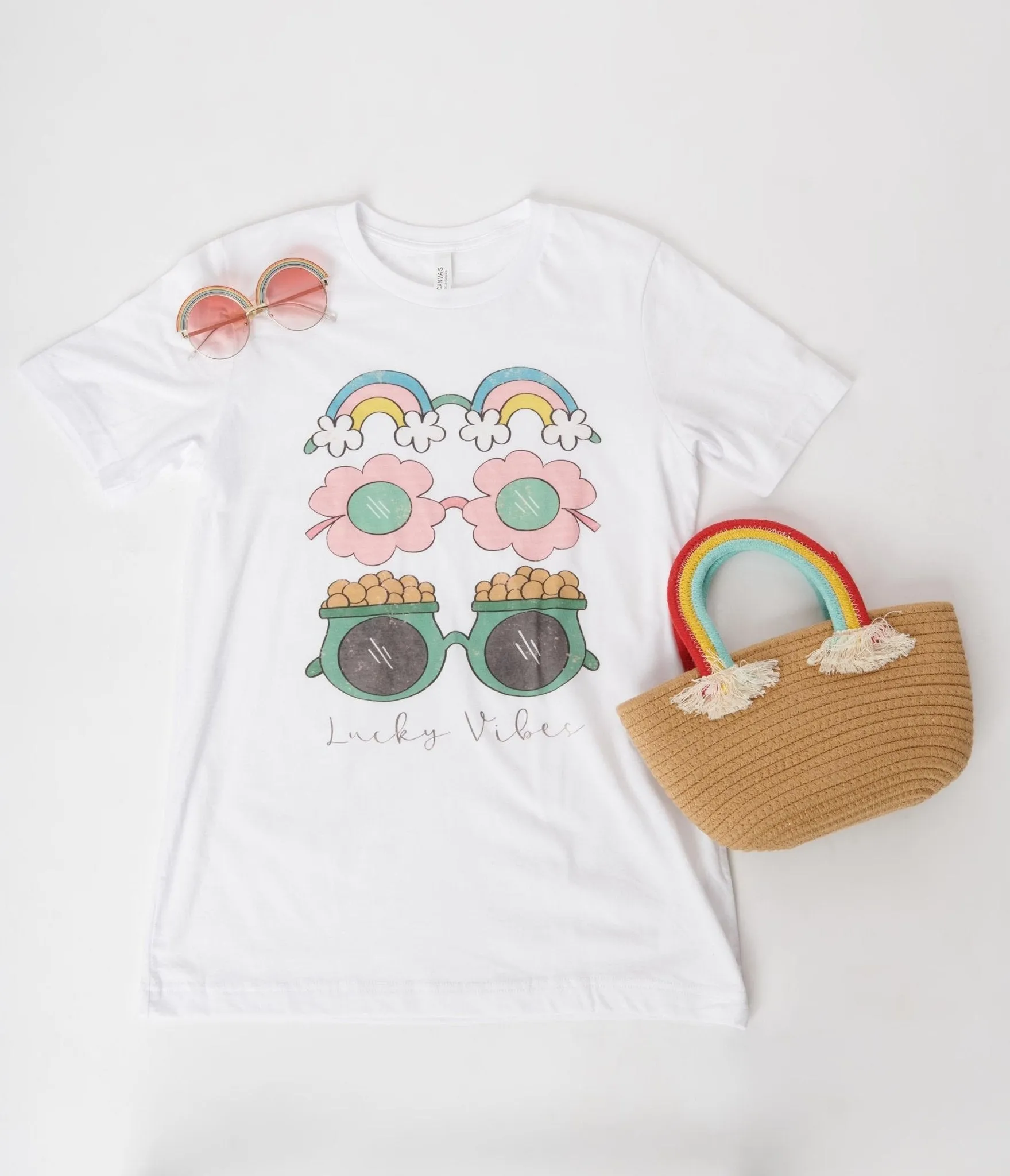 Green Lucky Vibes Graphic Tee with Sunglasses Print for Women