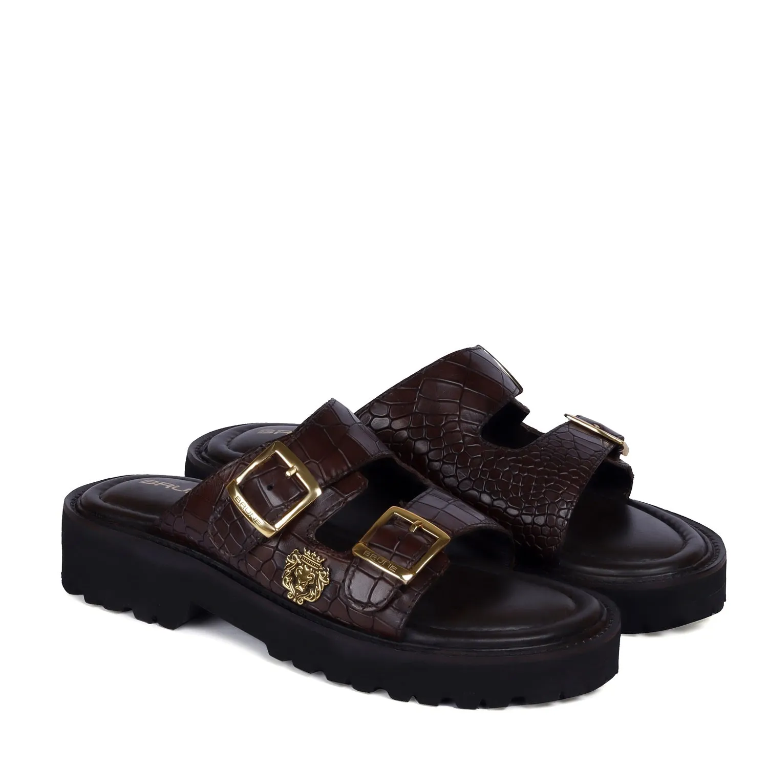 Lug Sole Slide-in Slippers Dark Brown Cut Croco Textured Leather