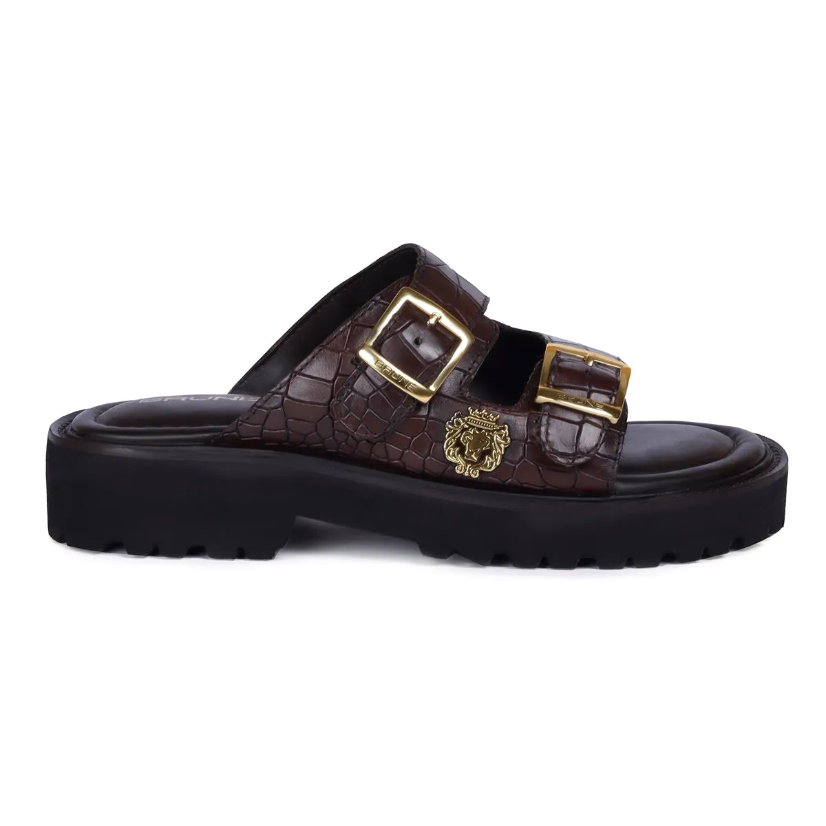 Lug Sole Slide-in Slippers Dark Brown Cut Croco Textured Leather