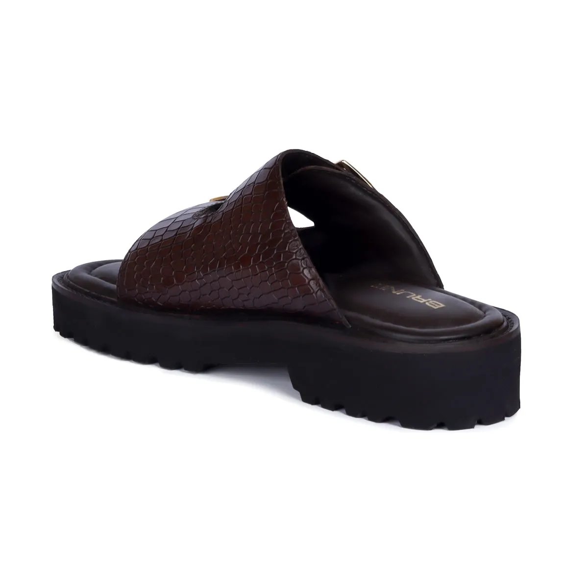 Lug Sole Slide-in Slippers Dark Brown Cut Croco Textured Leather