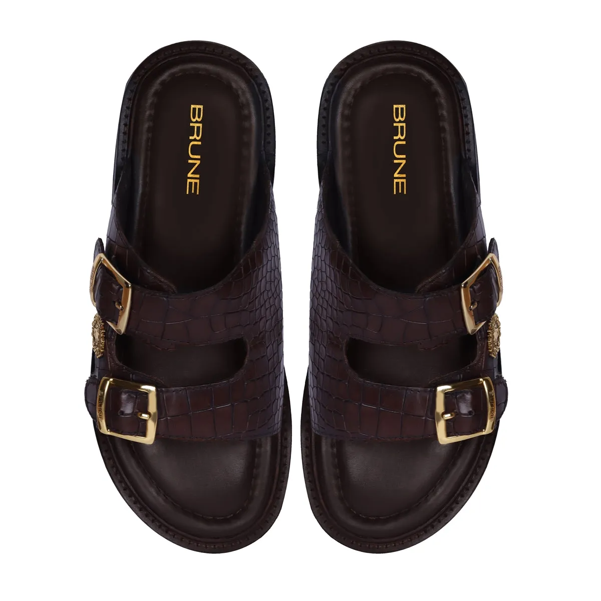 Lug Sole Slide-in Slippers Dark Brown Cut Croco Textured Leather