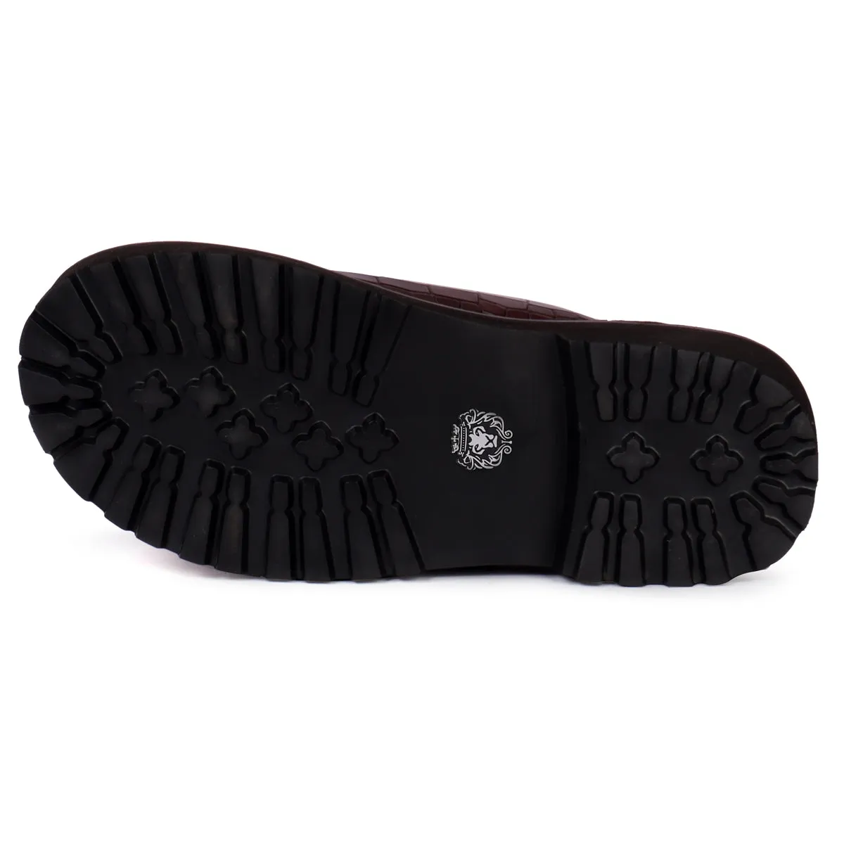 Lug Sole Slide-in Slippers Dark Brown Cut Croco Textured Leather