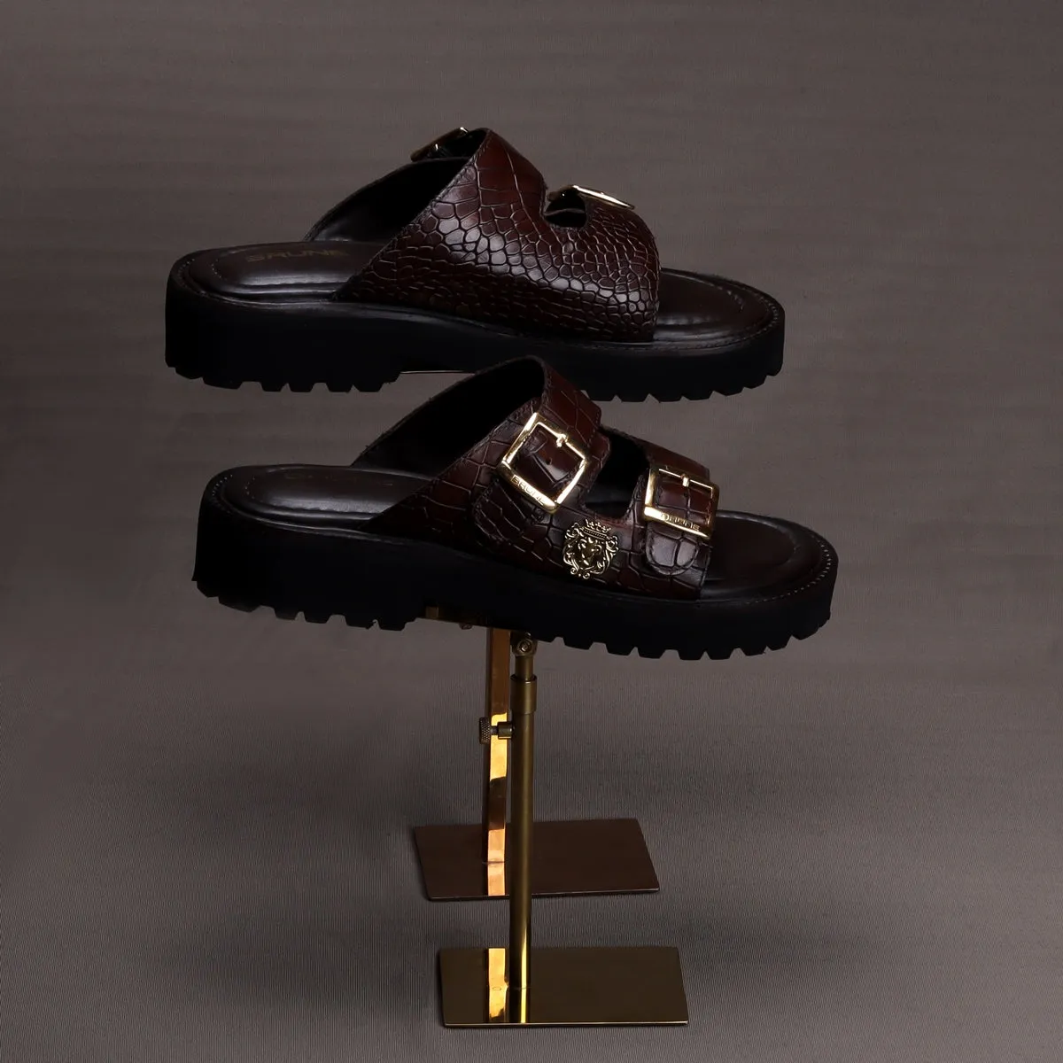 Lug Sole Slide-in Slippers Dark Brown Cut Croco Textured Leather