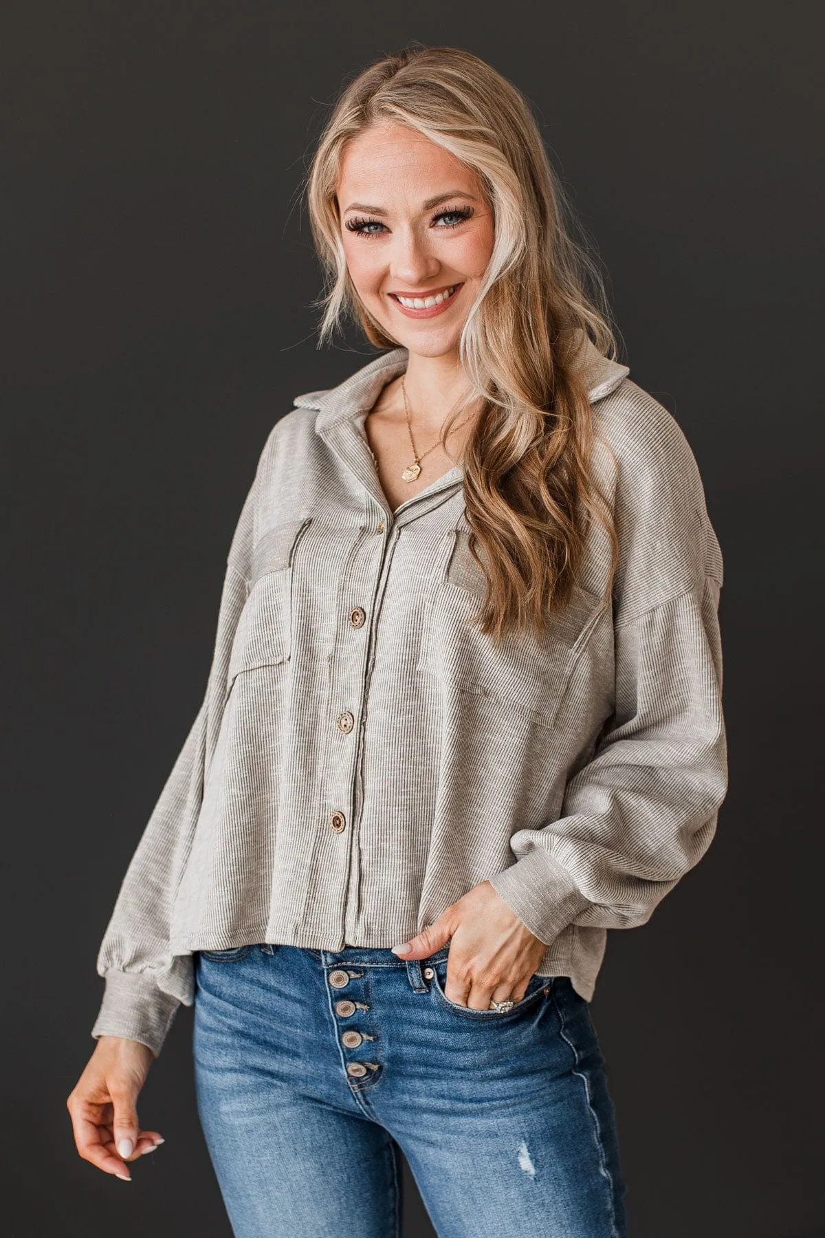 Captivate Knit Button Top Light Taupe