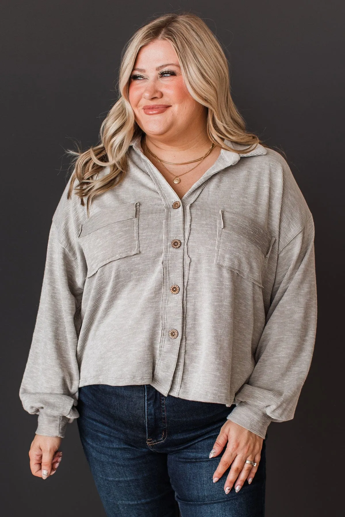 Captivate Knit Button Top Light Taupe