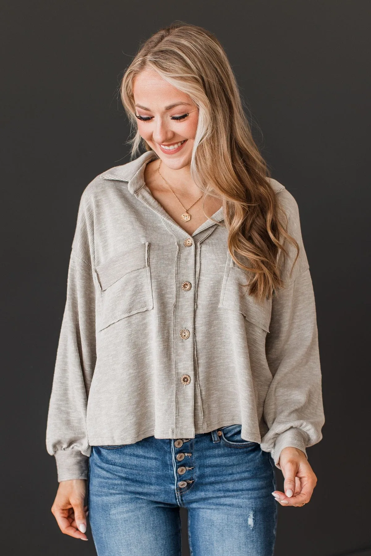 Captivate Knit Button Top Light Taupe