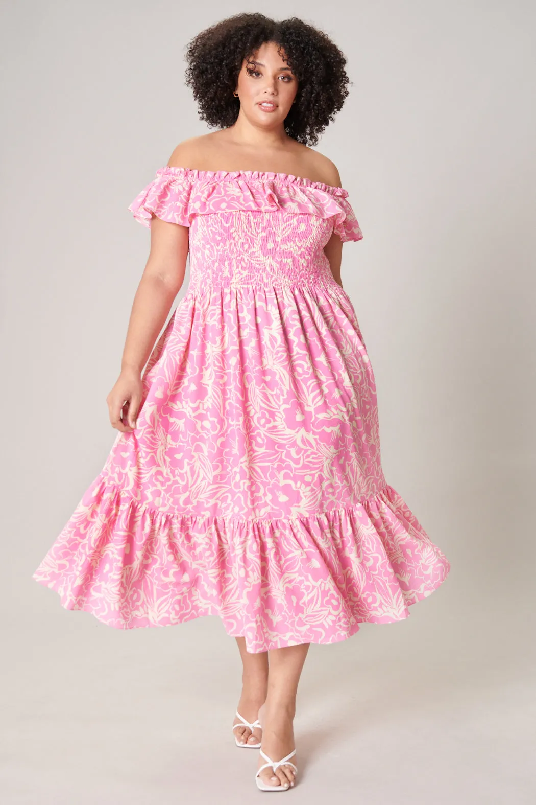 Malia Floral Off the Shoulder Smocked Midi Dress Curve