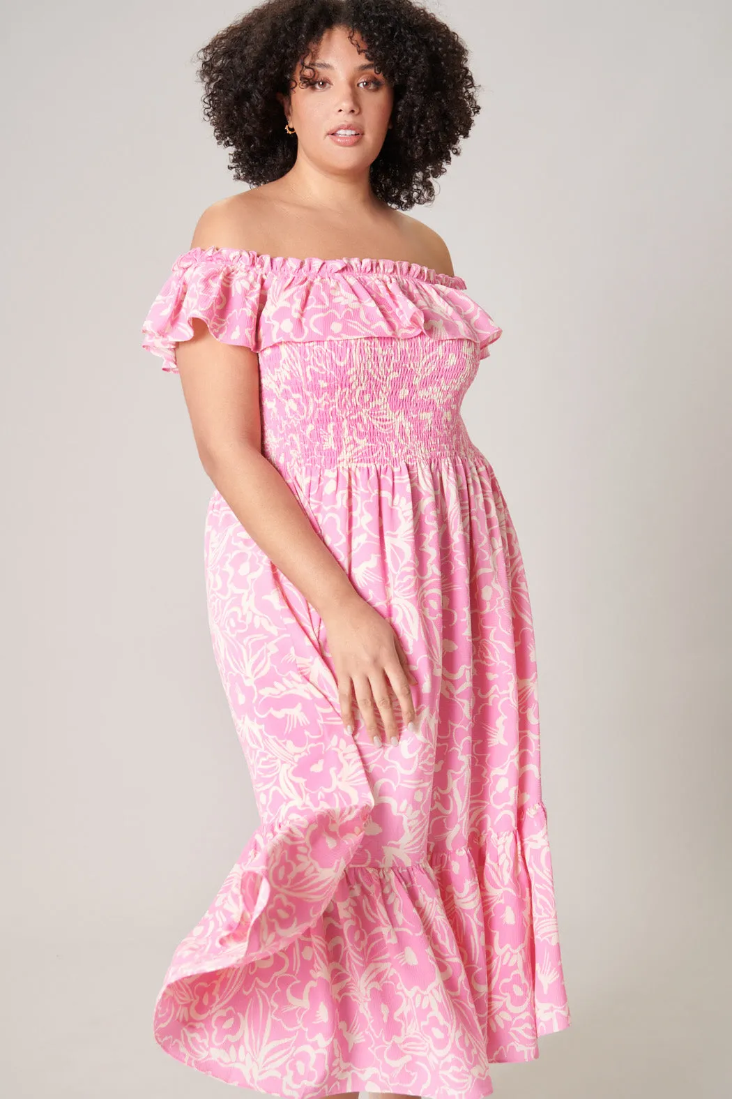 Malia Floral Off the Shoulder Smocked Midi Dress Curve