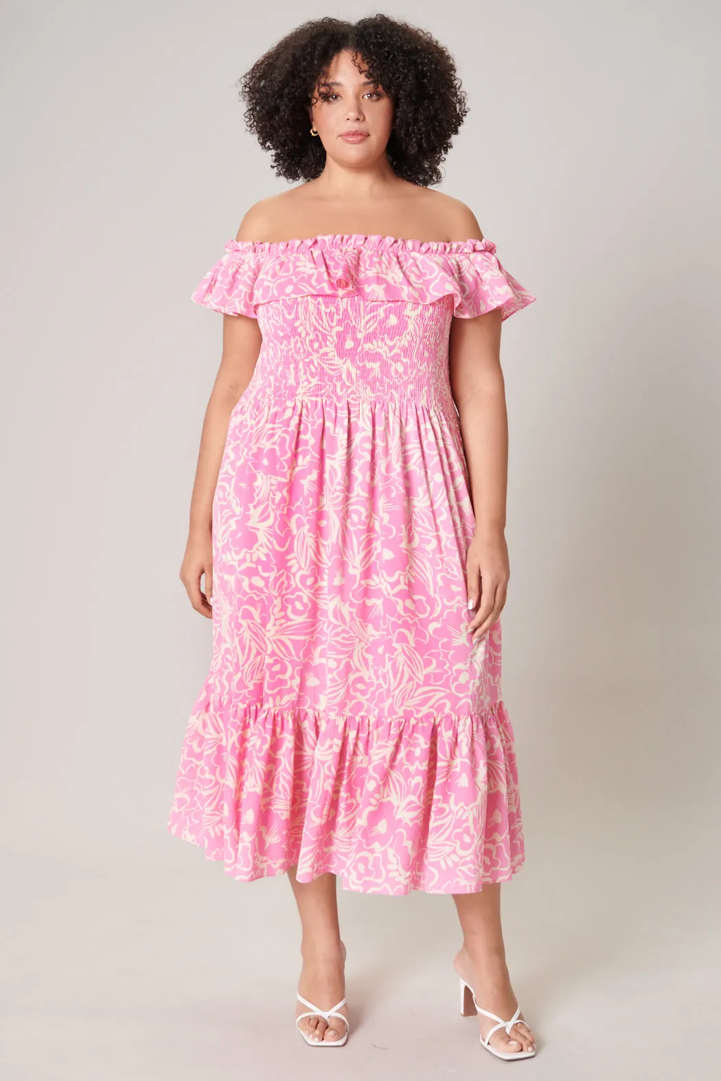 Malia Floral Off the Shoulder Smocked Midi Dress Curve