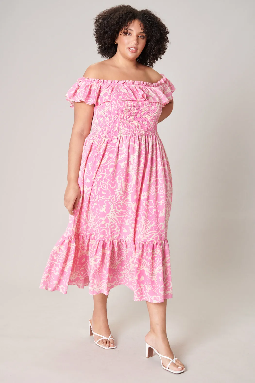 Malia Floral Off the Shoulder Smocked Midi Dress Curve