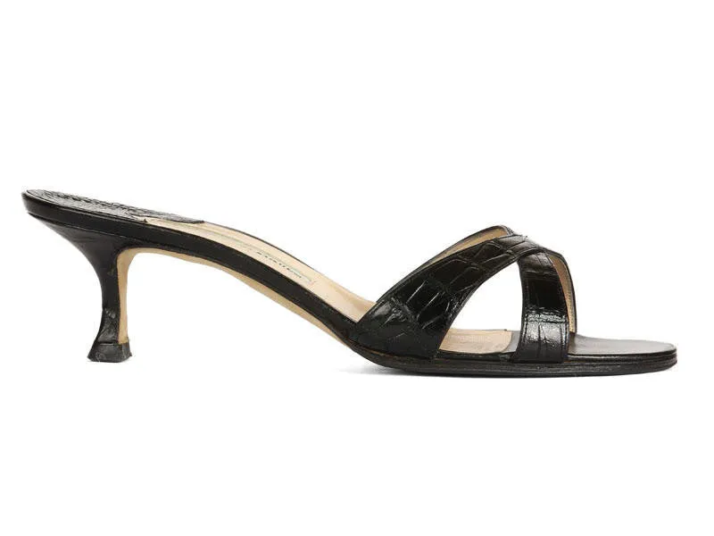 Manolo Blahnik Black Crocodile Slides