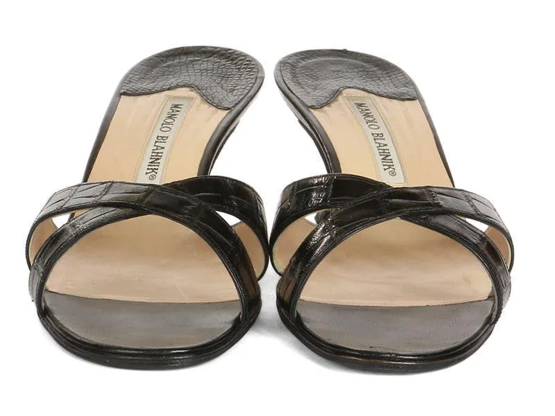 Manolo Blahnik Black Crocodile Slides