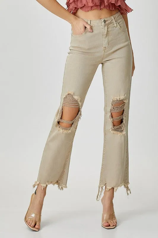 Margie High Rise Distressed Straight Jeans - Sand