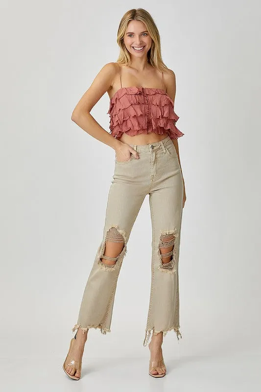 Margie High Rise Distressed Straight Jeans - Sand