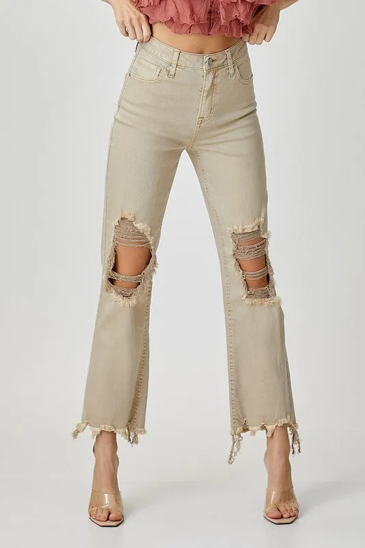 Margie High Rise Distressed Straight Jeans - Sand