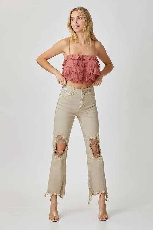 Margie High Rise Distressed Straight Jeans - Sand