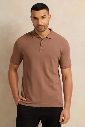 Men Beige Basic Pique Polo Shirt