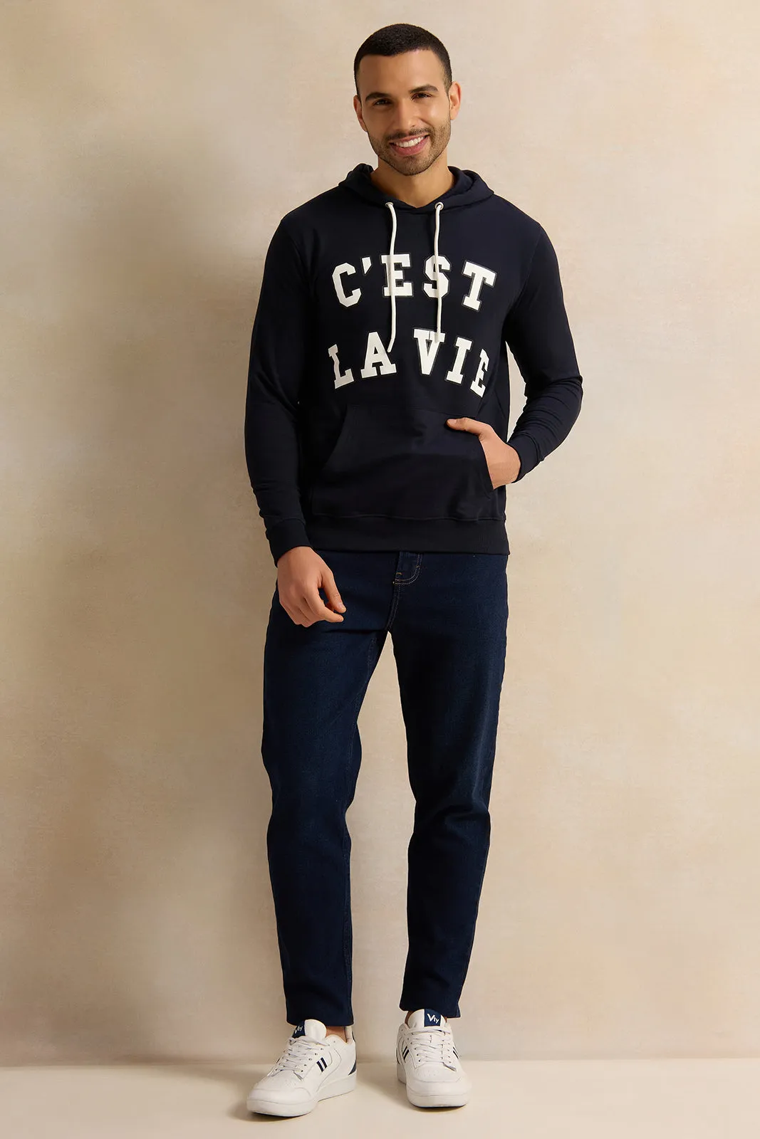 Men Navy Hooded Sweatshirt