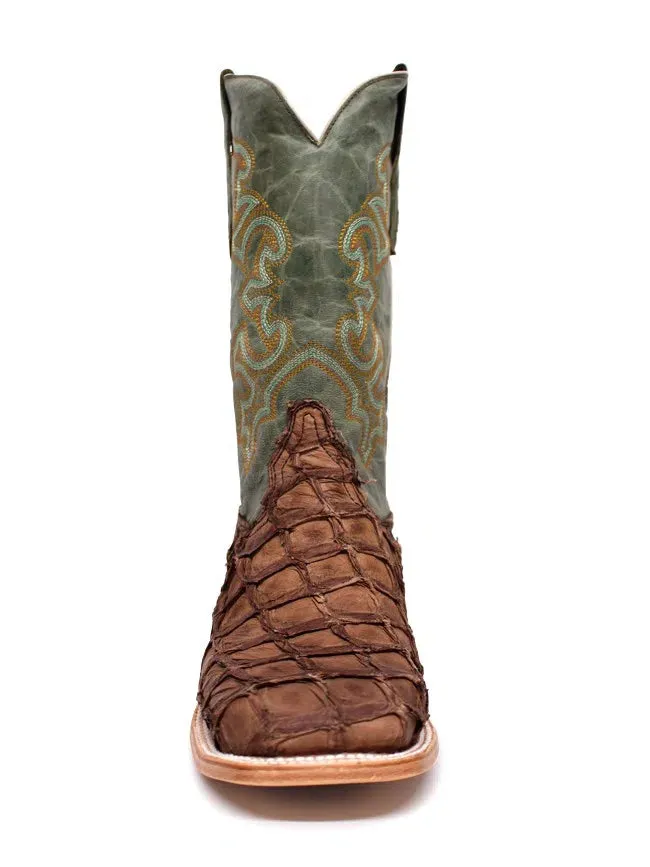 Brown Turquoise Fish Embroidery Square Toe Men's Boots