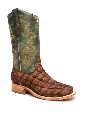 Brown Turquoise Fish Embroidery Square Toe Men's Boots