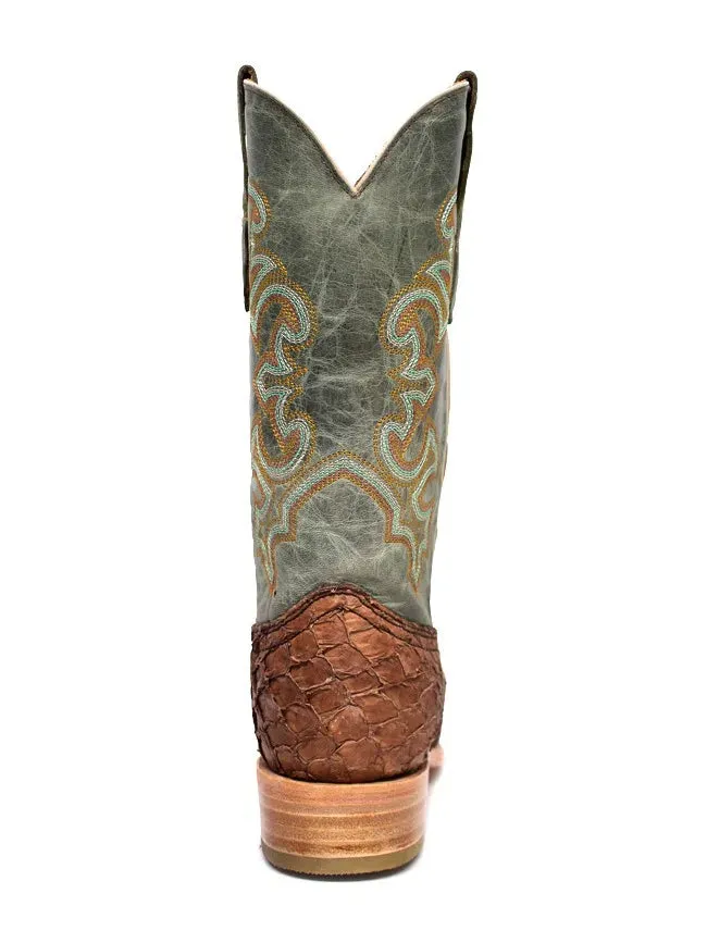 Brown Turquoise Fish Embroidery Square Toe Men's Boots