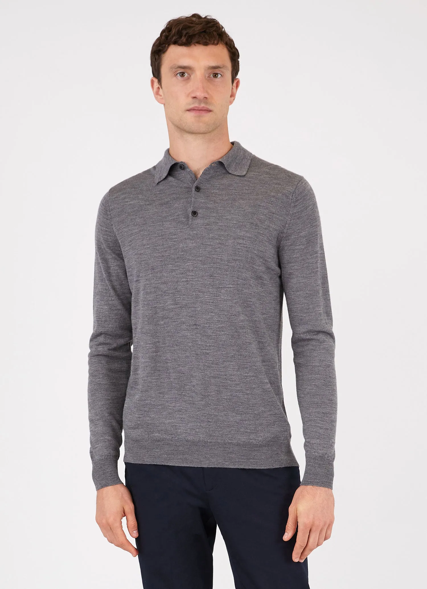 Extra-Fine Merino Polo Shirt for Men - Mid Grey Melange