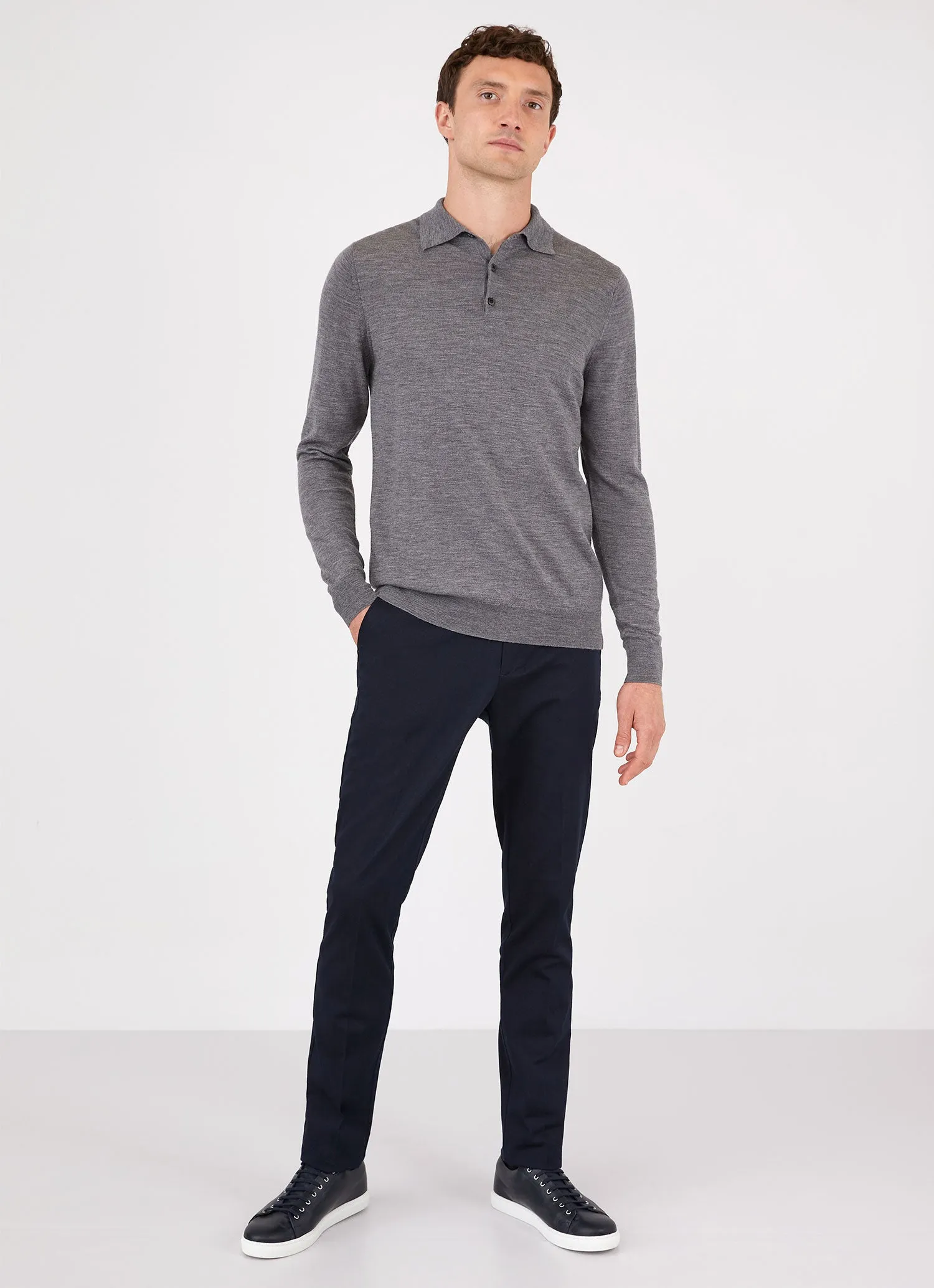 Extra-Fine Merino Polo Shirt for Men - Mid Grey Melange