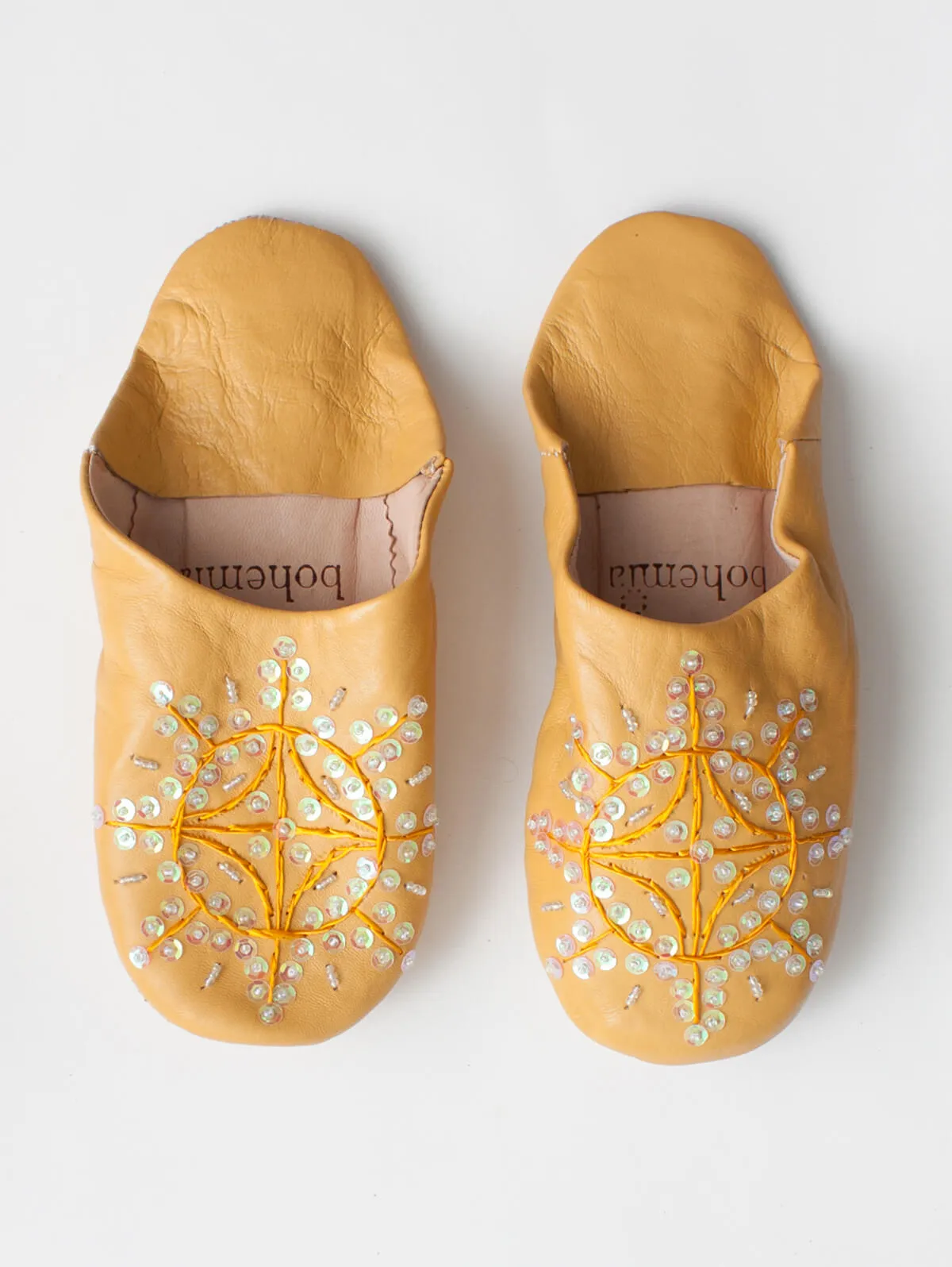 Moroccan Babouche Sequin Slippers, Mustard