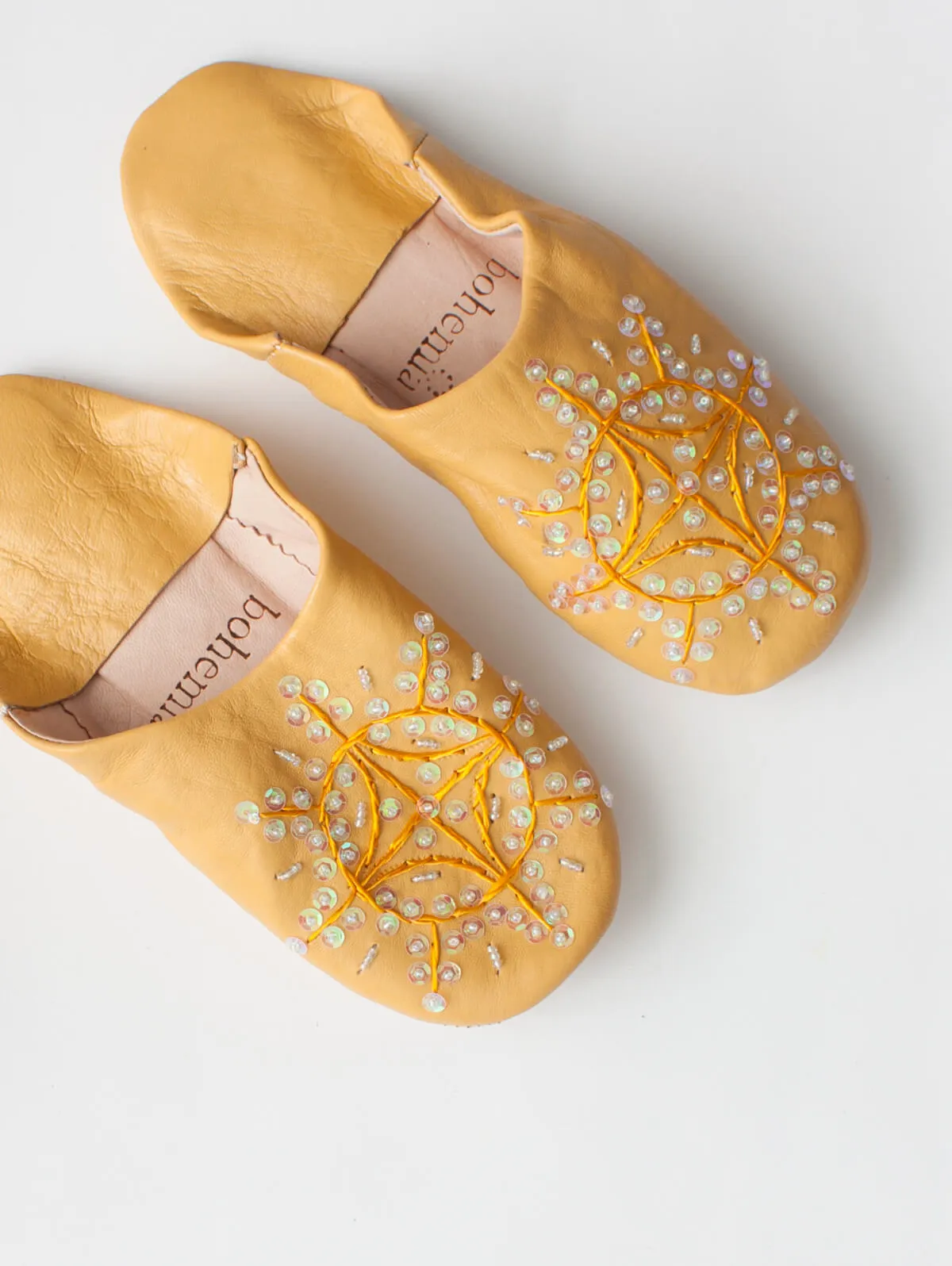 Moroccan Babouche Sequin Slippers, Mustard