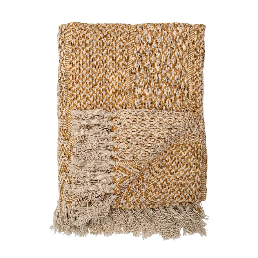 Mustard Cotton Knit Throw Fringe