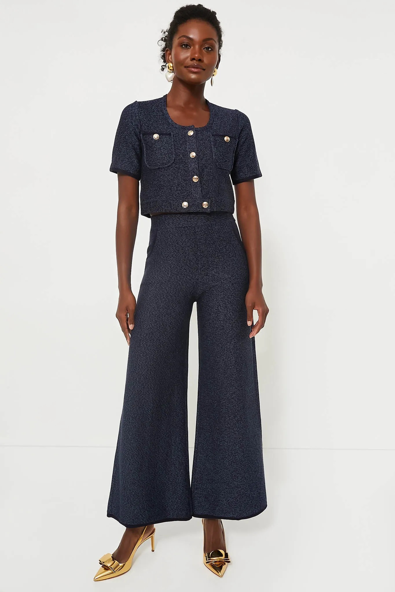 Navy Blue Denim Look Wideleg Trousers