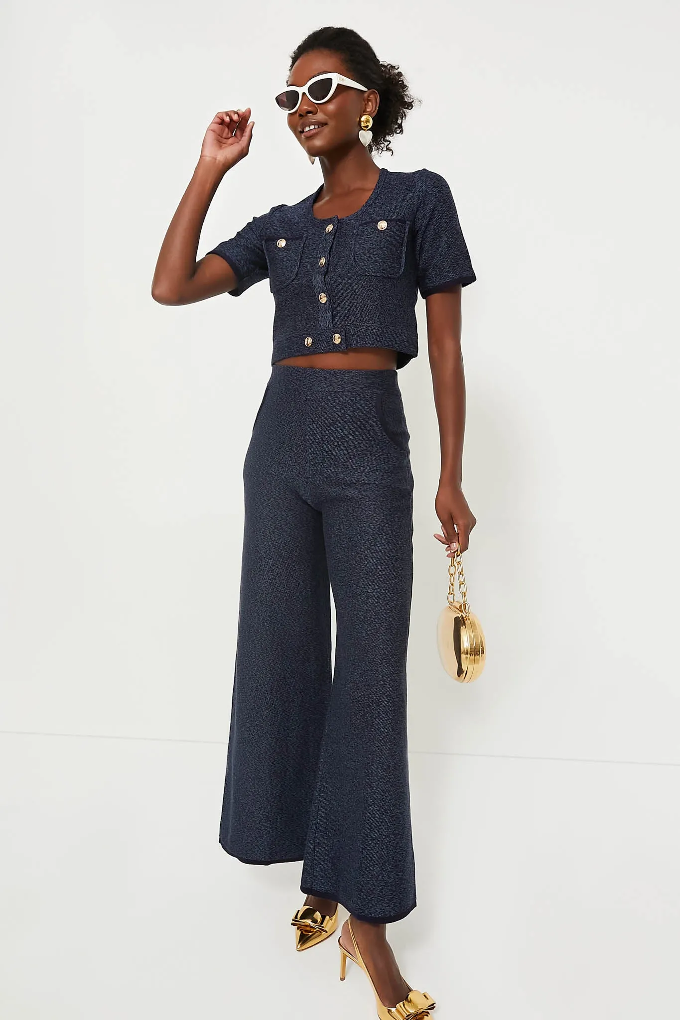 Navy Blue Denim Look Wideleg Trousers