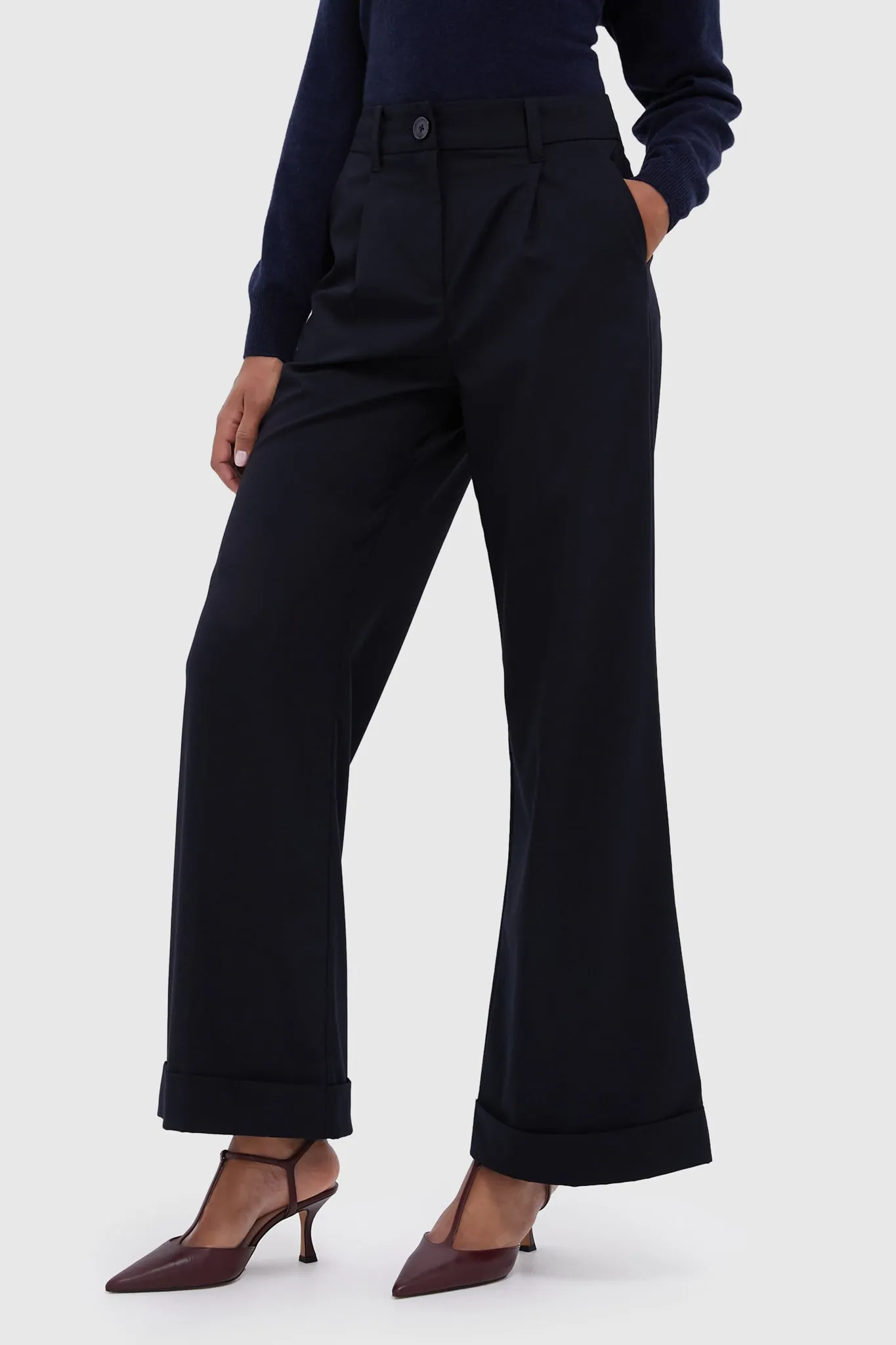 Navy Cuffed Wide Leg Watson Trousers