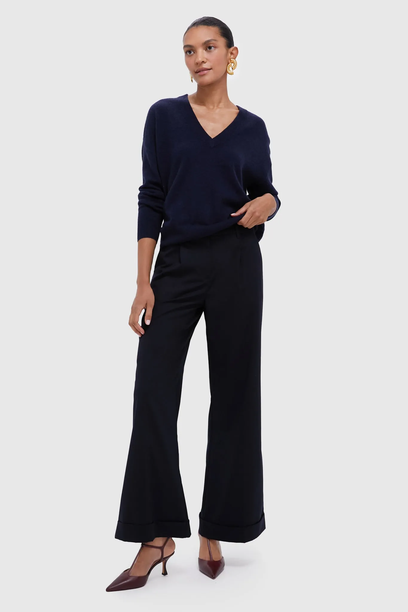 Navy Cuffed Wide Leg Watson Trousers