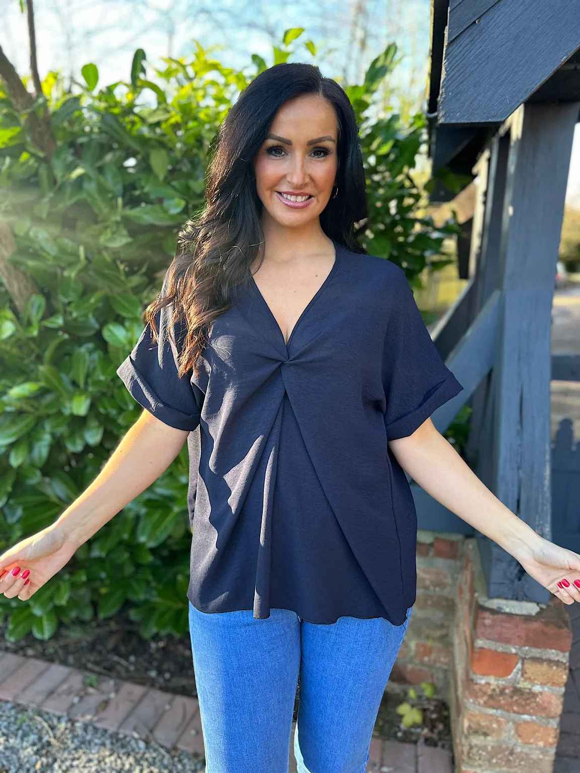 Navy Twist Front Blouse Elizabeth - Crepe Fabric