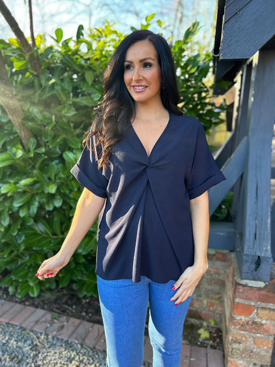 Navy Twist Front Blouse Elizabeth - Crepe Fabric