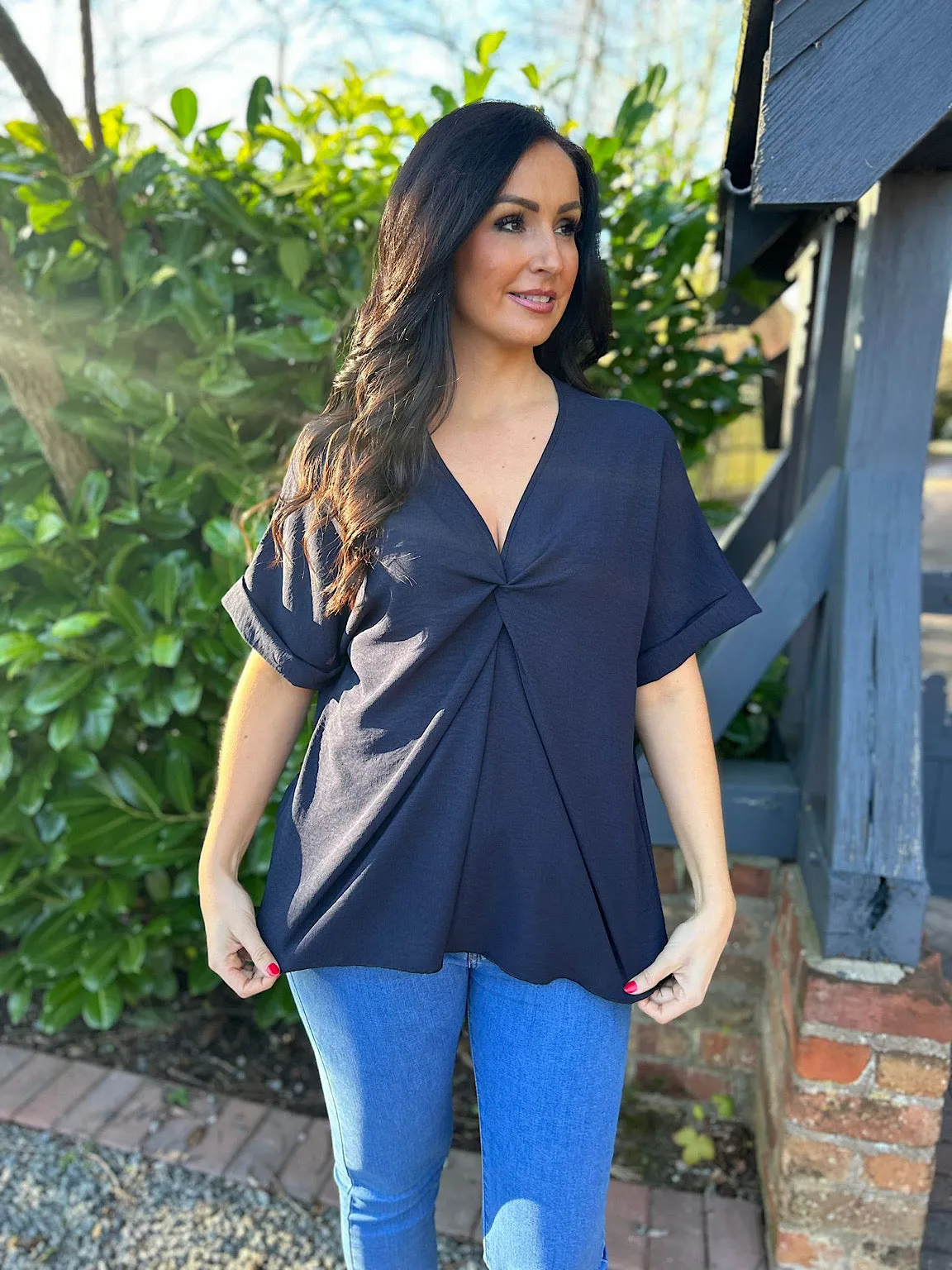 Navy Twist Front Blouse Elizabeth - Crepe Fabric