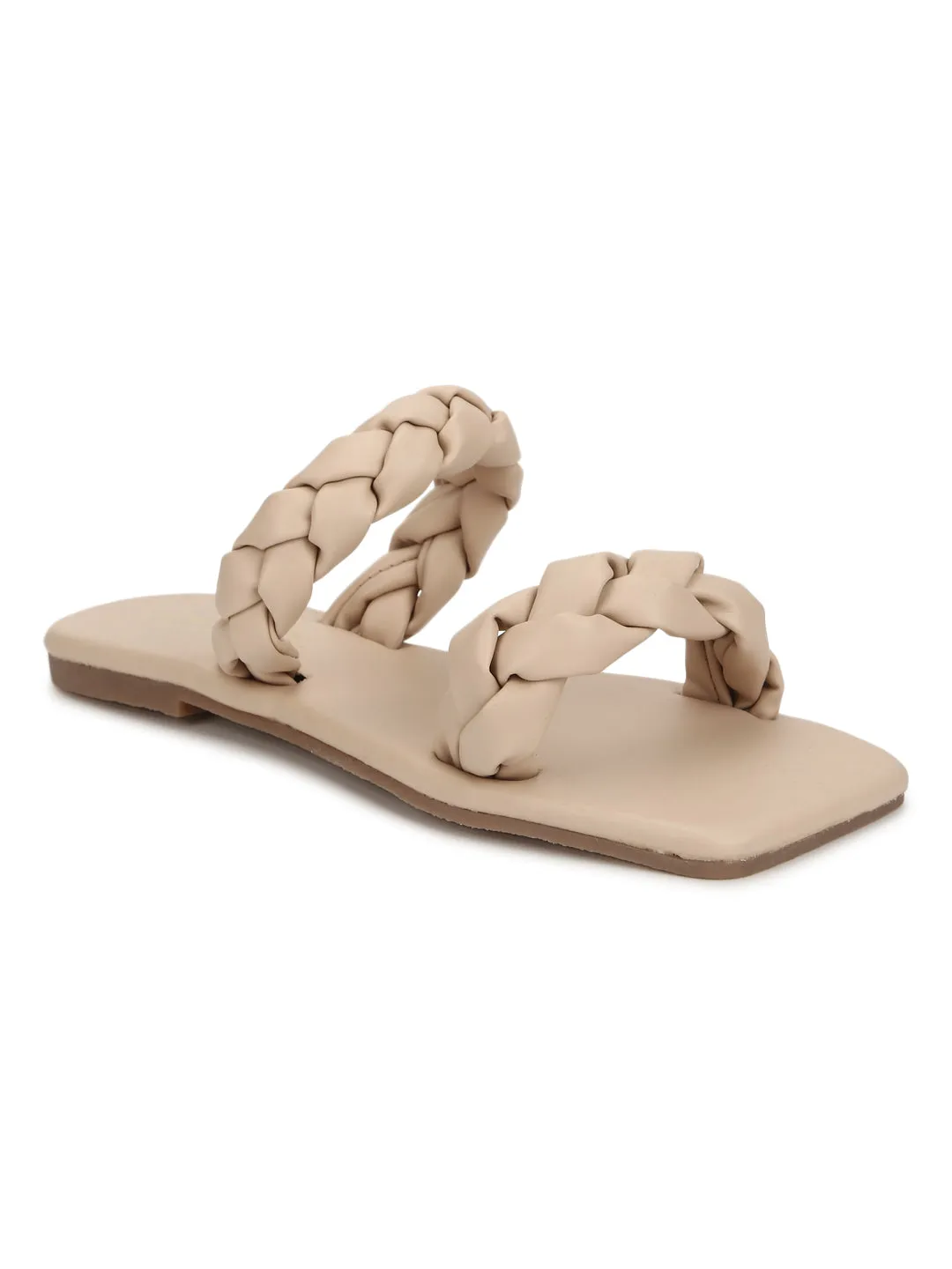 Nude PU Braided Strap Slides