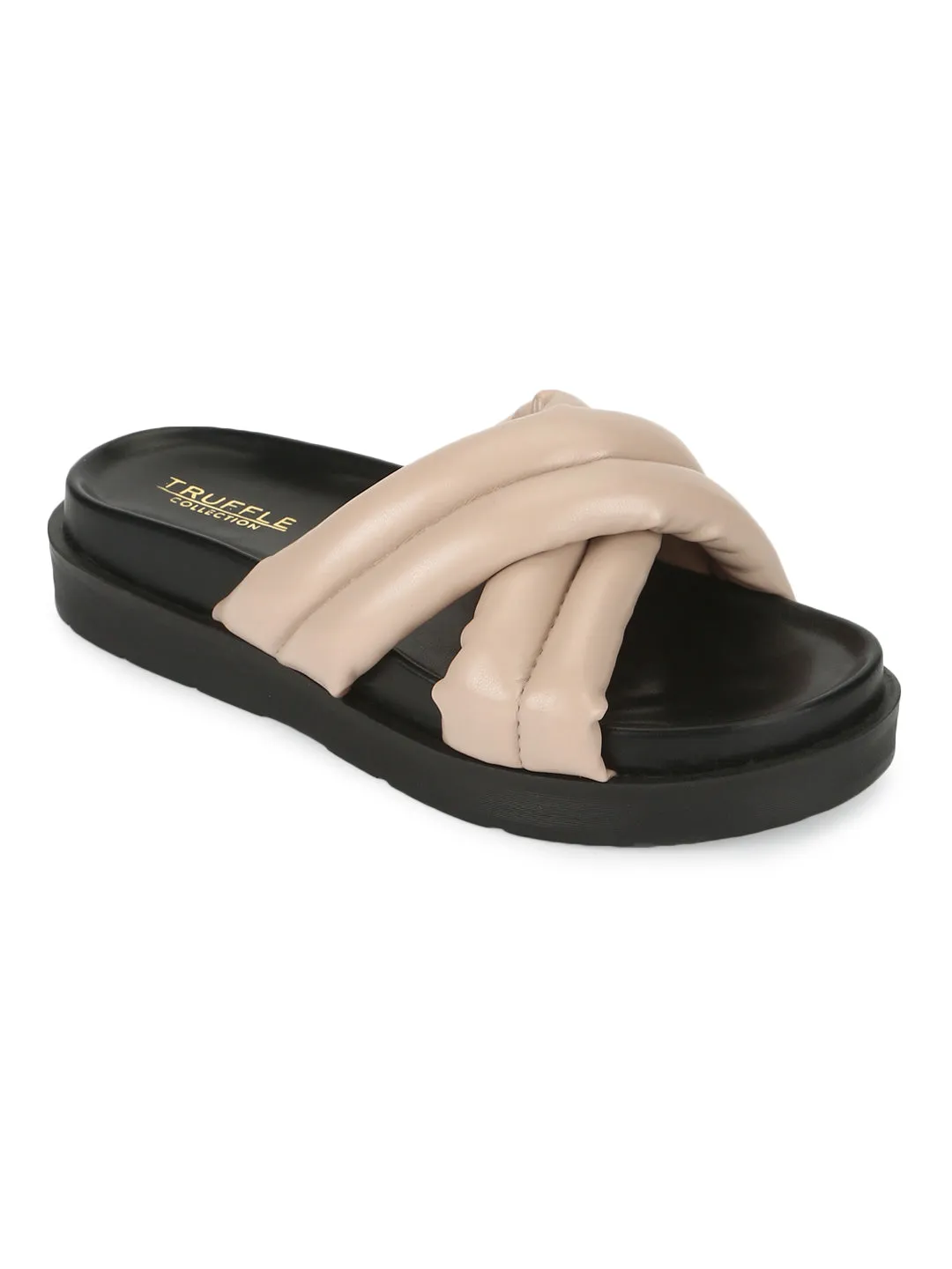 Nude PU Crisscross Quilted Slides