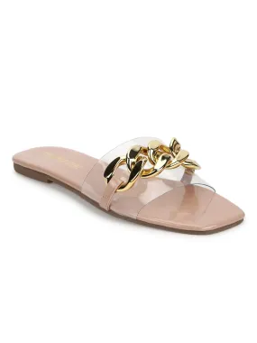 Nude PU Gold Chain Slides